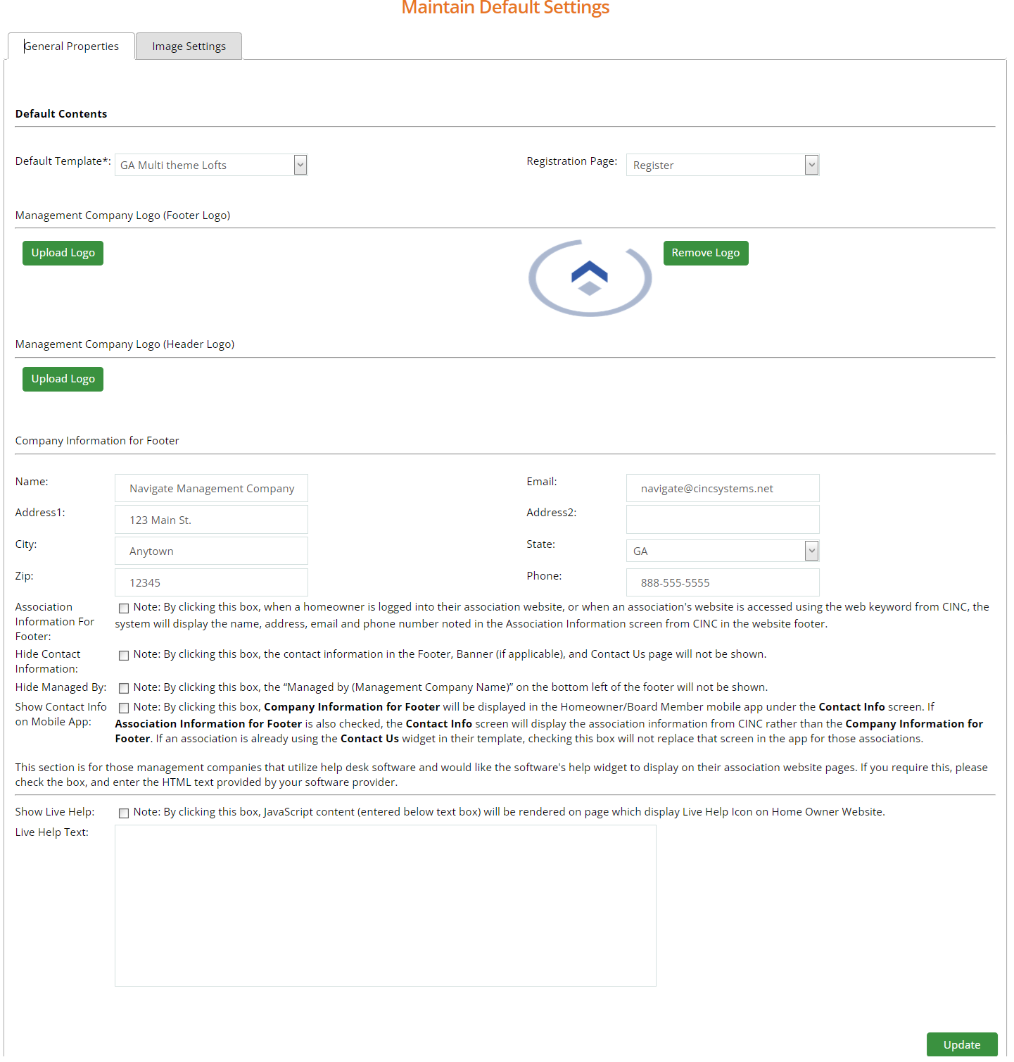 Maintain Default Settings in the WebAxis Admin Portal